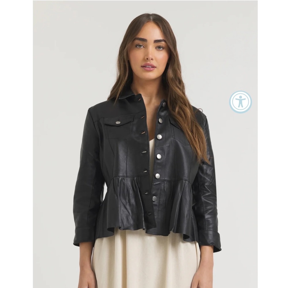 JKT NYC Jacket Women XS Black Leather Peplum Trucker Wire Collar Button Front